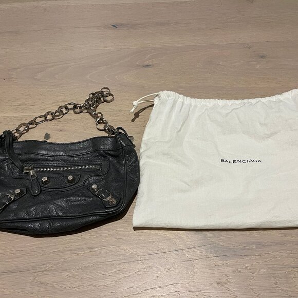 BALENCIAGA Gray Leather Bag with Chain Strap & Pocket Mirror - Picture 2 of 6